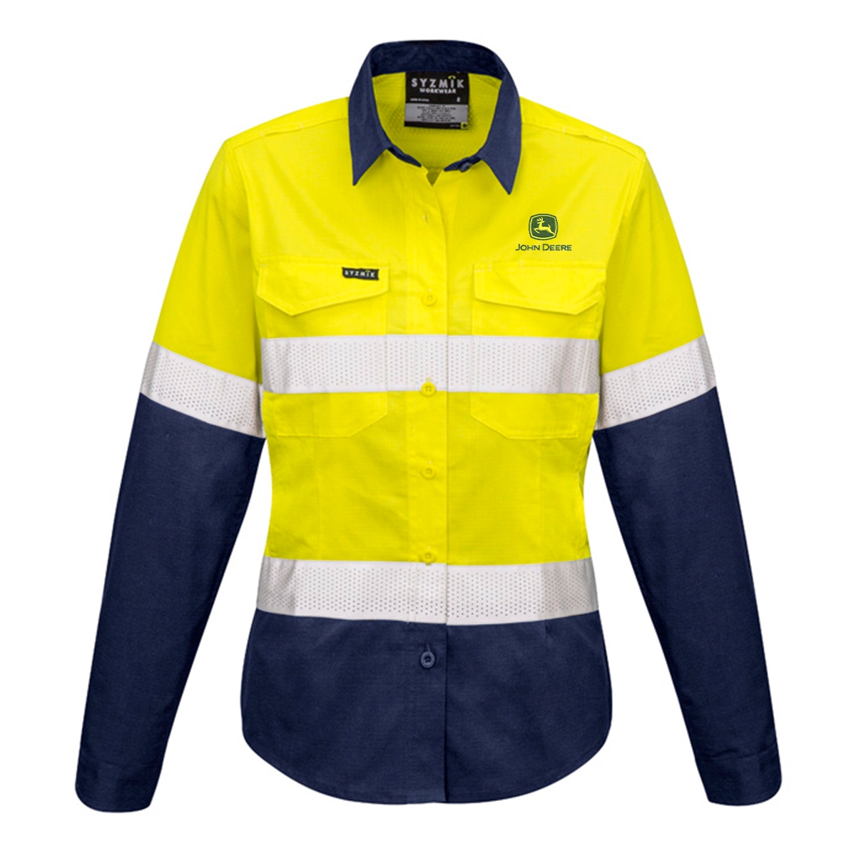 Picture of John Deere Ladies Rugged Cooling Hi Vis Taped Long Sleeve Shirt - Yellow/Navy